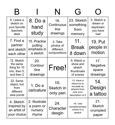 Art Club sketchbook activities Bingo Card