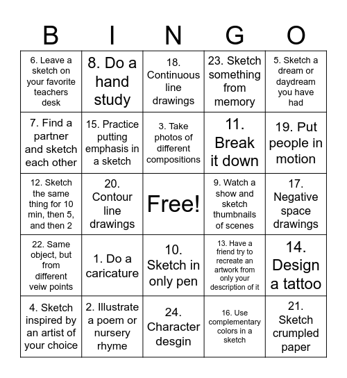 Art Club sketchbook activities Bingo Card