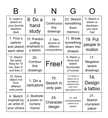 Art Club sketchbook activities Bingo Card