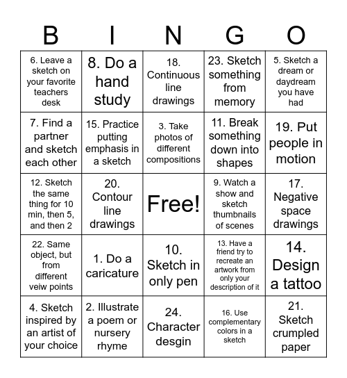 Art Club sketchbook activities Bingo Card