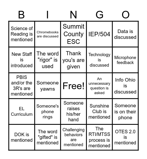 Staff Bingo Card