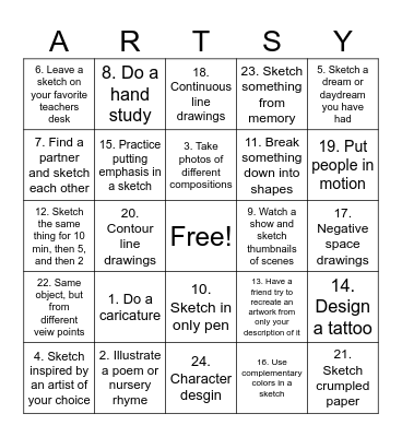 Art Club sketchbook activities Bingo Card