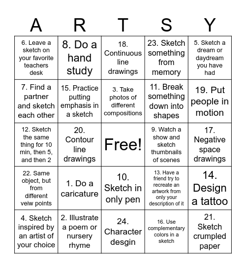 Art Club sketchbook activities Bingo Card