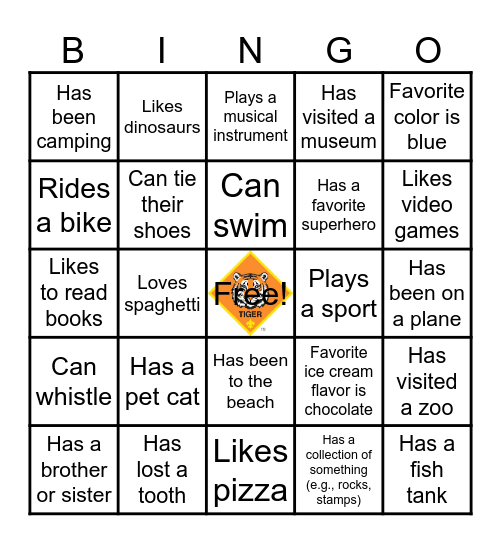 Tiger Scout Bingo Card