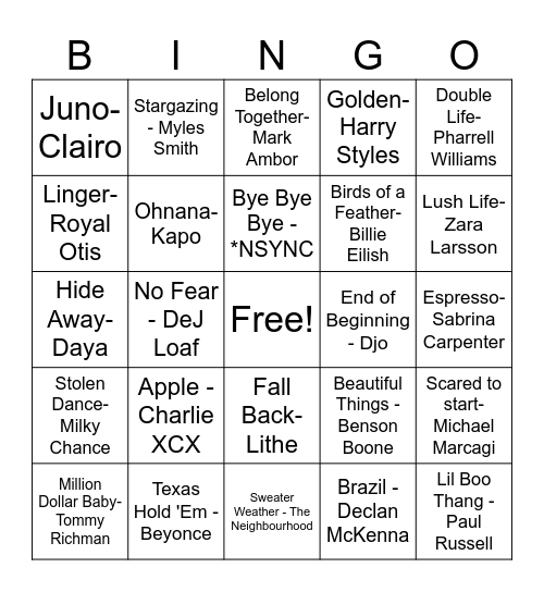 Music Bingo Card