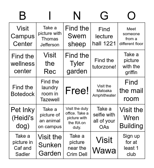 Orientation Bingo Card