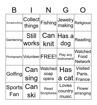 THINGS I LIKE TO DO Bingo Card