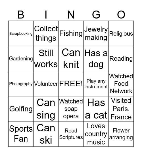 THINGS I LIKE TO DO Bingo Card
