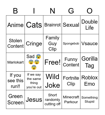 YouTube Shorts Bingo Card