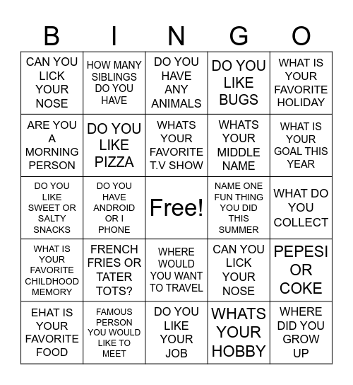 WING A Social Bingo Card