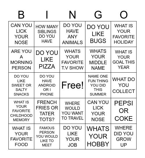 WING A Social Bingo Card