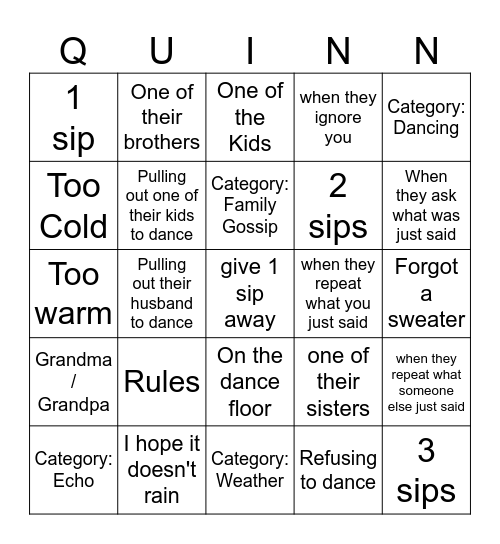 Quinn Sister Bingo Card