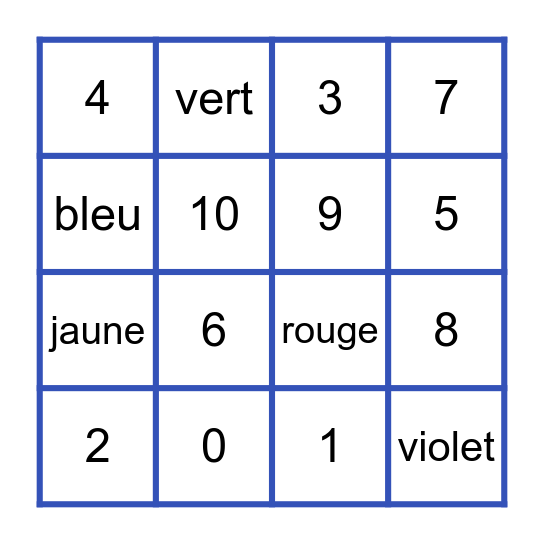 Les couleurs et les nombres Bingo Card