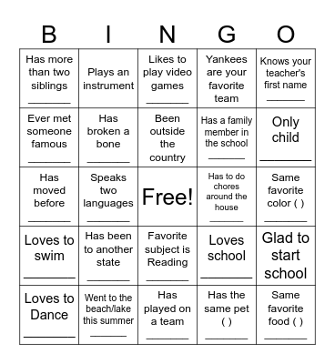 First Day of School Bingo Card