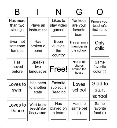 First Day of School Bingo Card