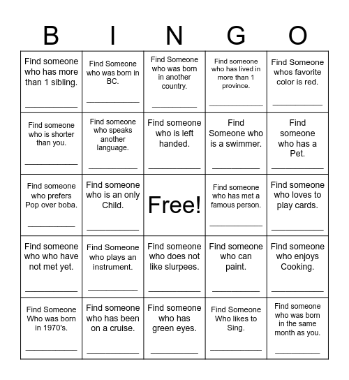 Find Someone Who Bingo Card