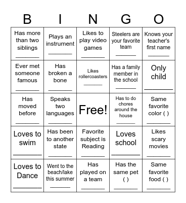 First Day of School Bingo Card