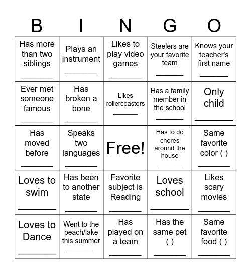 First Day of School Bingo Card