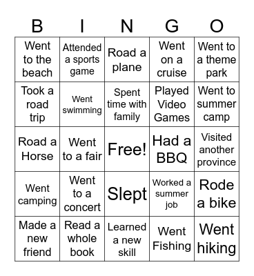 Summer Activity Bingo Card