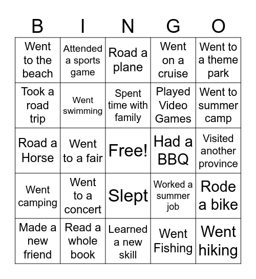 Summer Activity Bingo Card