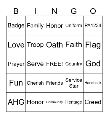 American Heritage Girls Bingo Card