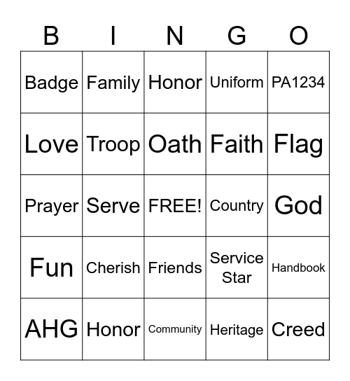 American Heritage Girls Bingo Card