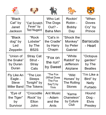 MUSIC BINGO - SONGS WITH ANIMALS IN THE TITLE Bingo Card
