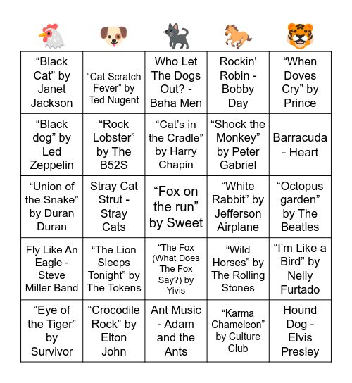 MUSIC BINGO - SONGS WITH ANIMALS IN THE TITLE Bingo Card