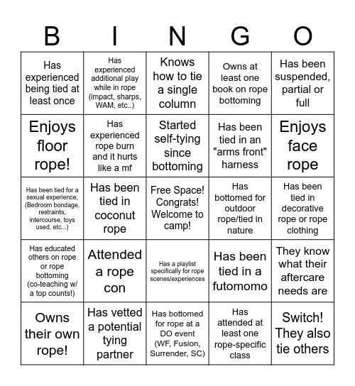 Summer Camp Rope Bottoms Mixer! Bingo Card