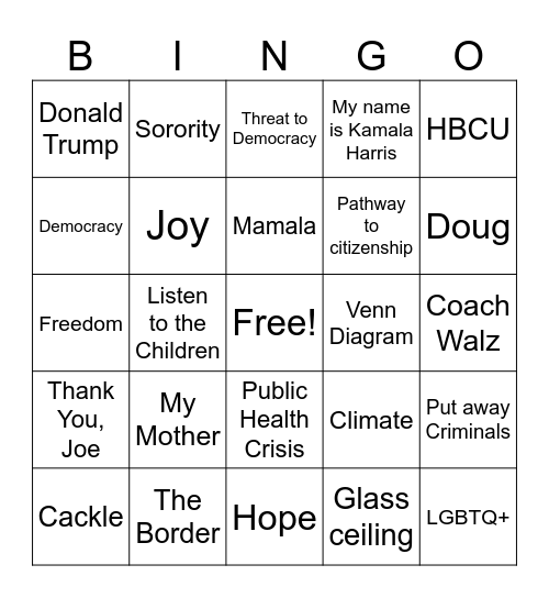 Kamala Harris DNC Address Bingo Card