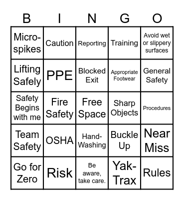 Safety Bingo Card