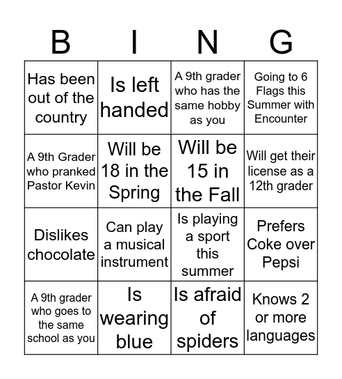Encounter  Bingo Card