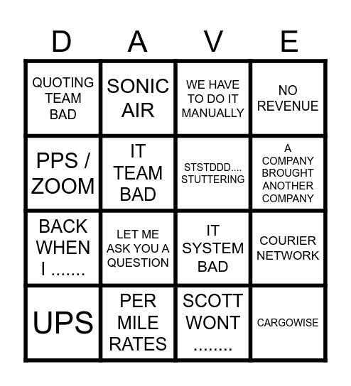 Dave Word Bingo Card