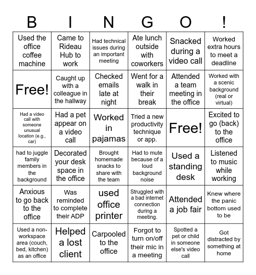 Back to the Office Bingo Card