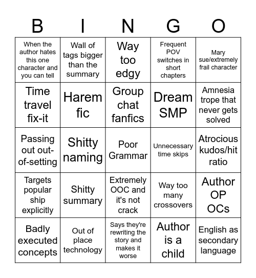 Shitty Fanfic Bingo Card