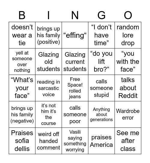 Mr. Vanian Class Bingo Card