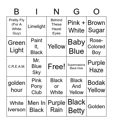 Songs With Colors In The Title Bingo Card