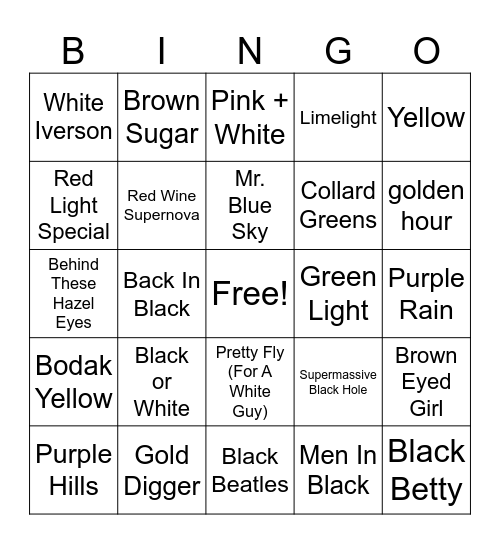 Songs With Colors In The Title Bingo Card