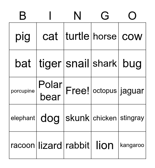 Animals Bingo Card