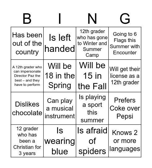 Encounter  Bingo Card