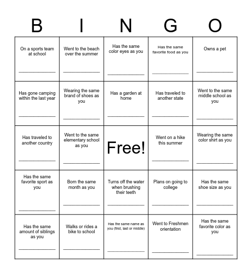 Get to Know You Bingo Card