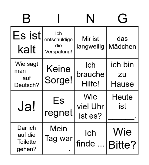 German Phrases Bingo Card