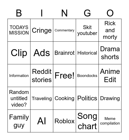 Youtube Shorts bingo Card
