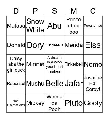 Disney Pixar Studios Movie Characters Bingo Card