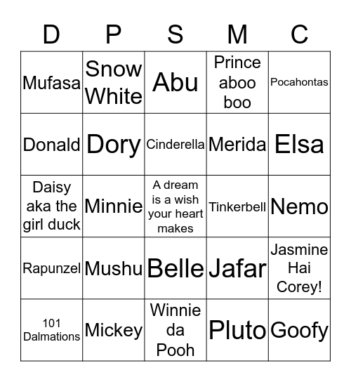 Disney Pixar Studios Movie Characters Bingo Card