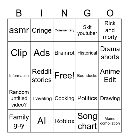 Youtube Shorts bingo Card