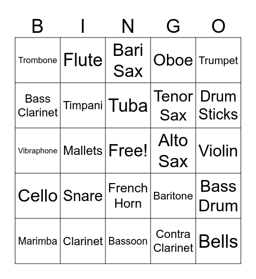 Instrument Bingo Card