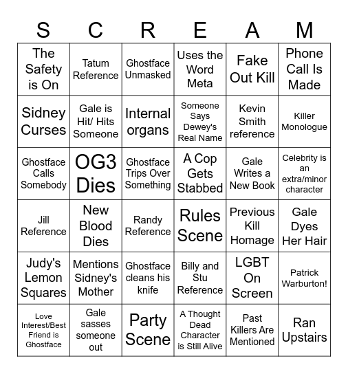 Scream Bingo Card