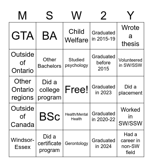 MSW Bingo Night Bingo Card