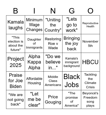 Unity Democrats DNC Watch Party Bingo Card
